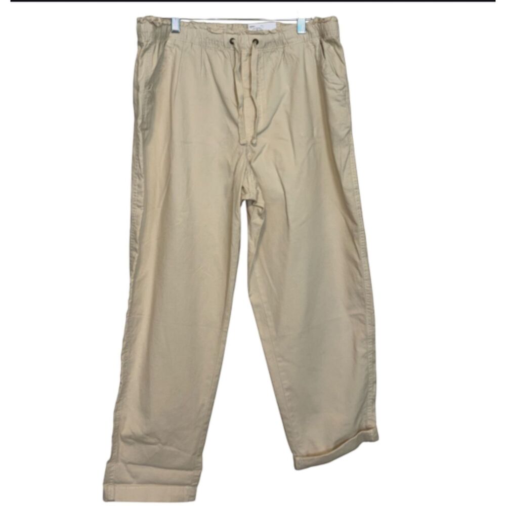 Women's Beige Linen Blend Pull On Pants Size Large Relaxed Casual Wide Leg Pants